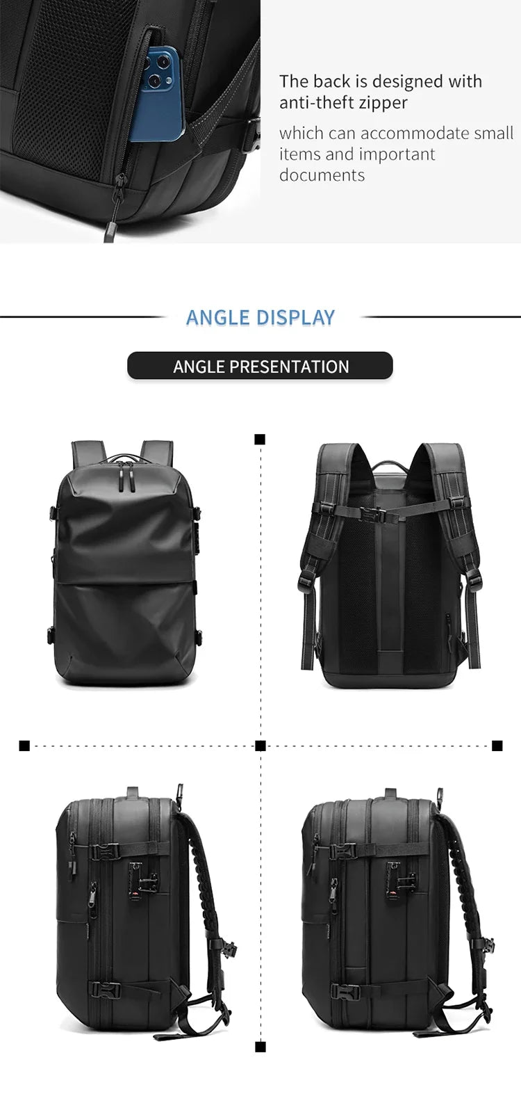 Vacuum Compression Backpack with Pump | Large-Capacity Travel & Business Laptop Bag – Black