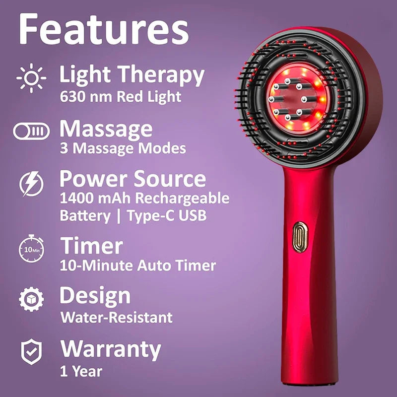 Electric Vibration Massage Comb with Red Light Therapy – Waterproof Scalp Massager for Hair Care