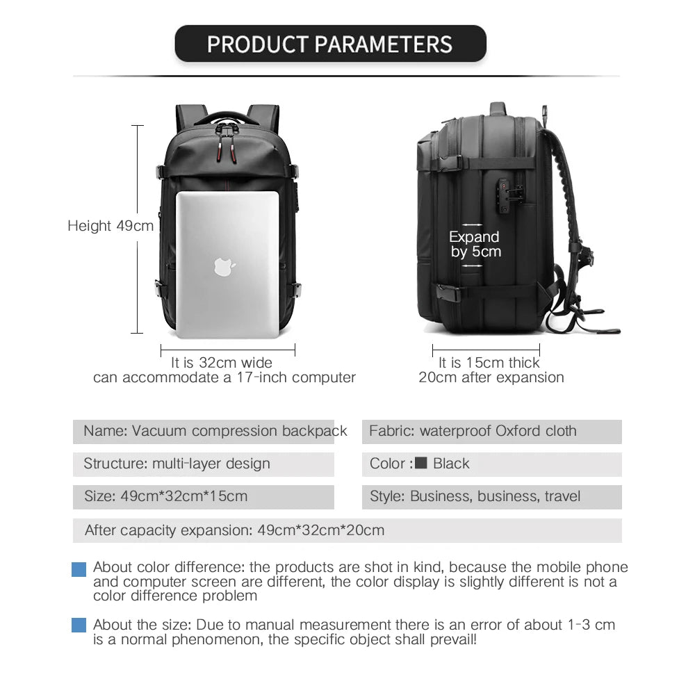 Travel Backpack | Vacuum Compression 17'' Laptop Bag – Large Capacity, Business & Hiking