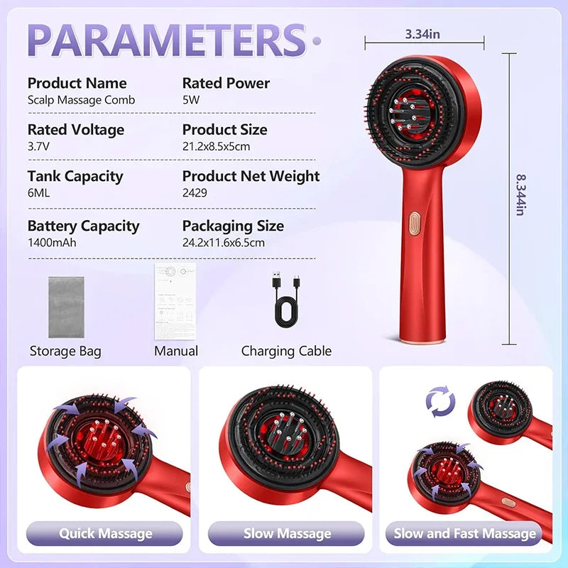 Electric Vibration Massage Comb with Red Light Therapy – Waterproof Scalp Massager for Hair Care